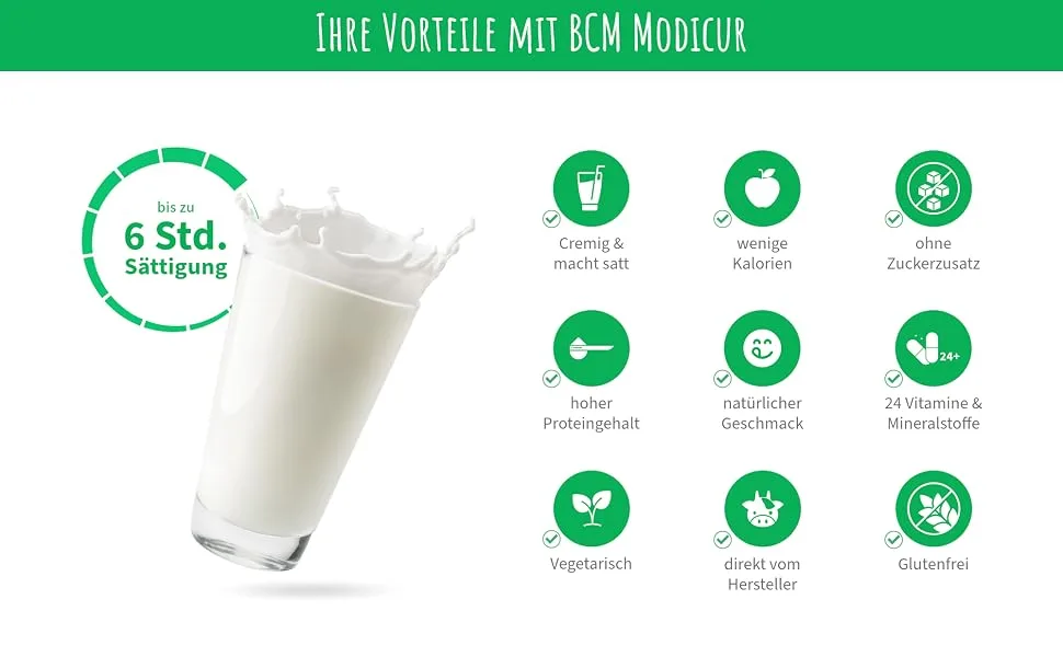 BCM Modicur+ introductory set - for a 14-day diet everything included! (1x BCM Modicur Start 1x BCM Modicur Basis 1x BCM Modicur Shaker) - milchglas mit texten und bildern