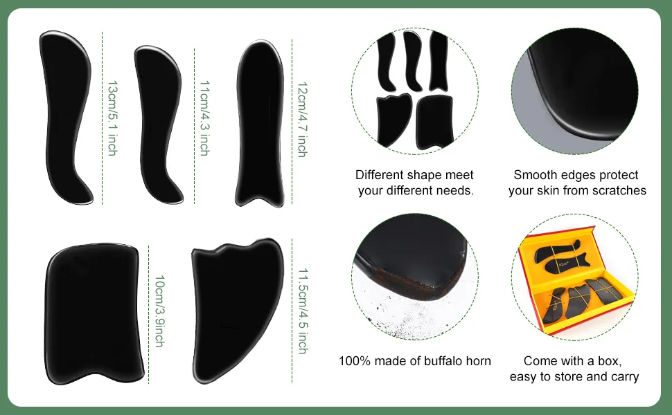 Buffalo Horn Gua Sha Guasha Board Massage Tool Set 5 Piece Set - Büffelhorn Gua Sha Guasha Board Massage Tool Set