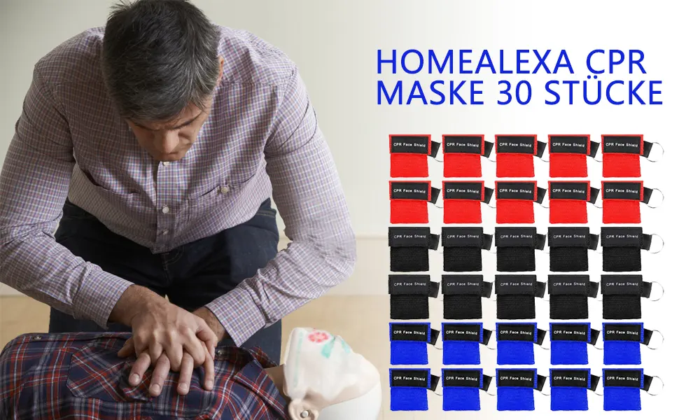 HomeAlexa ventilation mask CPR mask keychain 30 pieces ventilation with check valve Breathe - 10 black + 10 red + 10 blue - product information 1