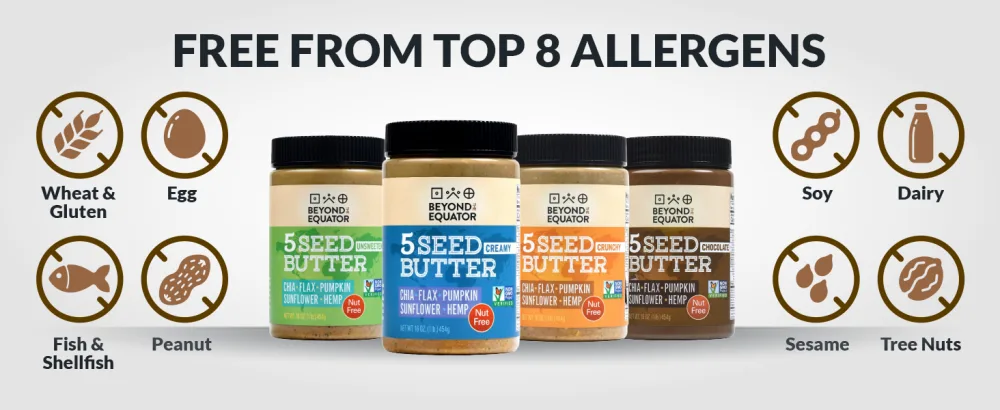 Beyond The Equator 5 Seed Butter Unsweetend 16 oz (454 g) - no wheat gluten free egg fish shellfish peanut soy dairy sesame tree nuts allergen free allergy