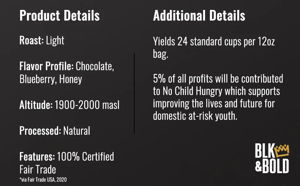 BLK & Bold Specialty Coffee Whole Bean Light Limu Ethiopia Natural Processed 12 oz (340 g) - product information 5