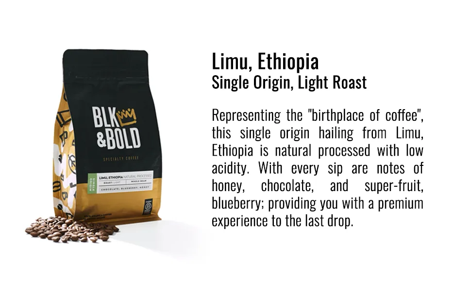 BLK & Bold Specialty Coffee Whole Bean Light Limu Ethiopia Natural Processed 12 oz (340 g) - limo