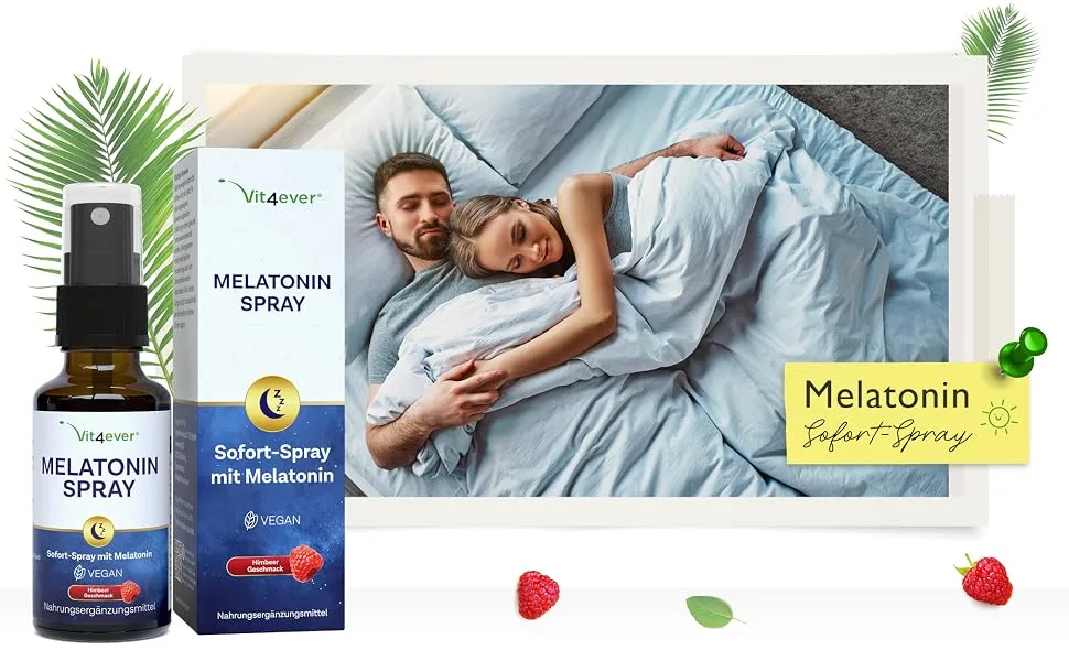 Melatonin spray - immediate spray with 0.5 mg melatonin per spray - sleep spray - without alcohol - laboratory test - vegan - raspberry taste - 30 ml of raspberry - Melatonin Spray