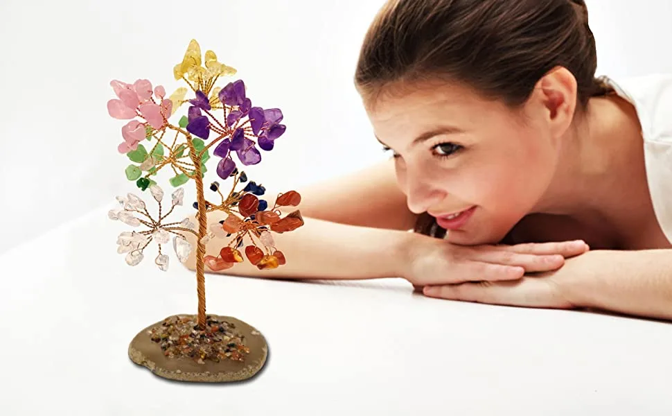 Mina Heal Crystal Gemstone Money Tree for Chakra Healing Feng Shui Good Luck Wealth and Prosperity Agate(orange) - tree