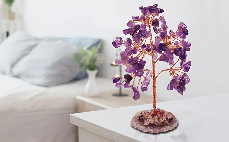 Mina Heal Crystal Gemstone Money Tree for Chakra Healing Feng Shui Luck Wealth and Prosperity Rose Quartz (Pink) - tree
