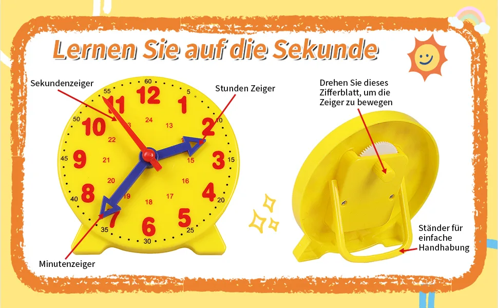 Camelize learning watch learning game clock time teaching and demonstration watch model learning resources for children in early education 4 inches 12/24 hours from 4 years of yellow - ????-3