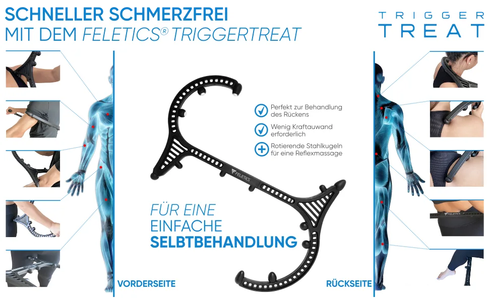 Feletics trigger point massage device + 30 -page application book and videos for self -treatment and massage for back neck shoulder + rotating steel balls for reflex zone massage - Selbstbehandlung schmerzfrei Triggerpunkt Triggertreat