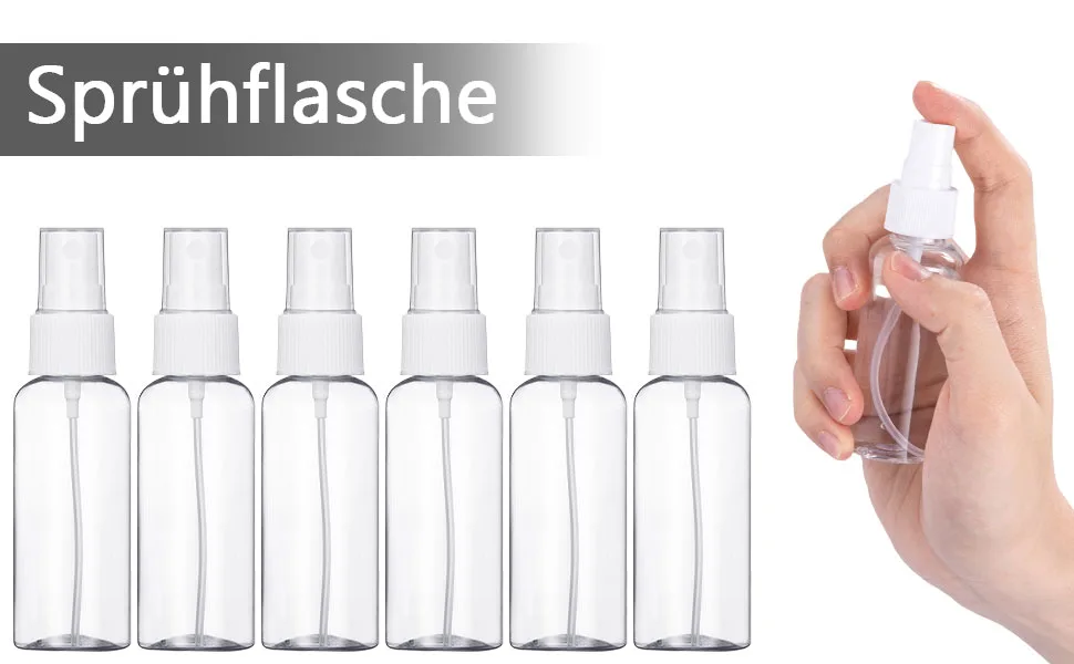 Atomizer 6 pieces 50ml transparent empty spray bottle plastic fine fog bottle refillable perfumed scale with funnel and label sticker for on the go white 6x50ml 6x50ml-white - Weiß Sprühflasche Passende Größe in der Hand