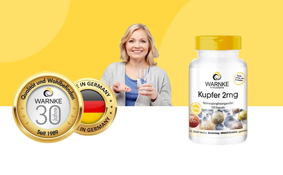 Copper capsules - 2mg - vegan - 100 capsules - made from copper bisglycinate | Warnke Vitalstoffe - German pharmacy quality - Über 200 Produkte