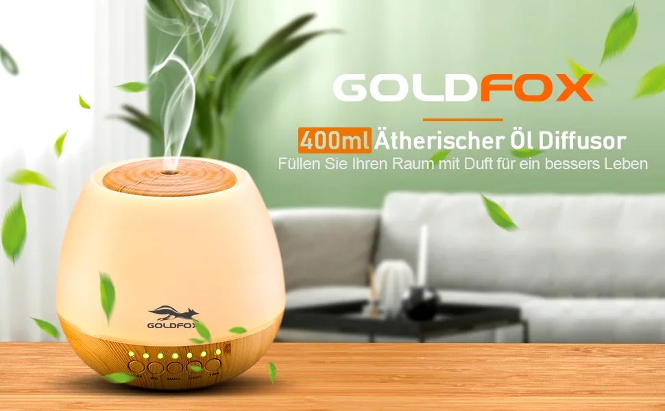 Aroma diffuser 400ml goldfox ultrasound humidifier fragrance lamp oil diffuser night light with 7 colors LED diffusor 30-35ml/h fog for space office yoga spa etc. - product information 2