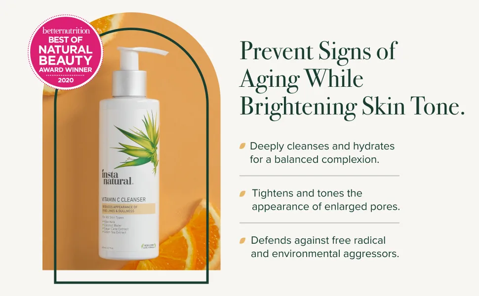 InstaNatural Vitamin C Cleanser 6.7 fl oz (200 ml) - gentle exfoliation, grapefruit face wash, citrus face wash, hydrating face wash, no foam face wash