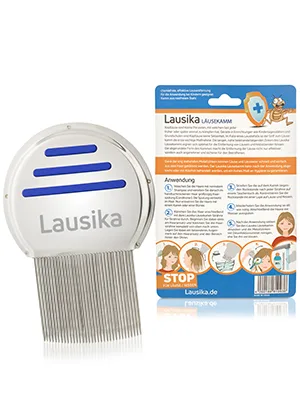 Lice comb Lausika metal nit comb with extra close-set teeth. For children and adults for head lice and nits blue - Der Lausika Läusekamm inklusive Produkthülle