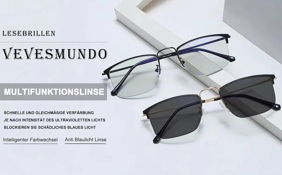 Vevesmundo blue light filter Reading glasses Half frame metal rectangular semi -roar half -glasses reading aid for men 1 piece of silver self -tinting glasses 2.5 x - selbsttönende lesebrille mit uv-schutz lessen,selbsttönende brille mit sehstärke lesebrille