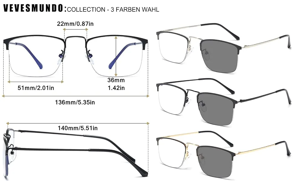 Vevesmundo blue light filter Reading glasses Half frame metal rectangular semi -roar half -glasses reading aid for men 1 piece of silver self -tinting glasses 2.5 x - Sonne Lesebrille,sonnenlesebrille herren,sonnenbrille lesehilfe herren,sonnenbrille lesehilfe damen