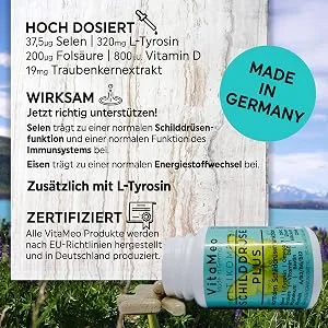 Thyroid gland plus - multi -complex - 200 g selenium - 320 mg L -tyrosine - 200 g folic acid - vitamins - omega 3 - iron - 60 pieces in Germany - hashimoto schilddrüse selen nahrung ernährung kapseln