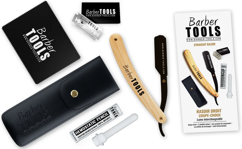  Barber Tools Razor with more interchangeable blades.With 5 razor blades (10 simple blades) + polishing cloth + hemostasis-stick 10g + storage PU + hemostatic stick - Rasiermesser