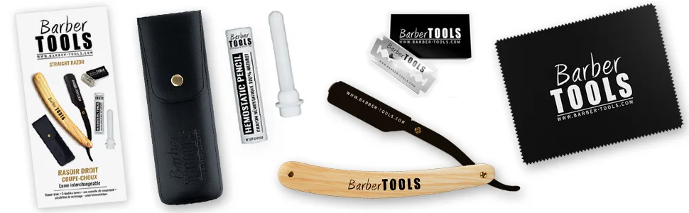  Barber Tools Razor with more interchangeable blades.With 5 razor blades (10 simple blades) + polishing cloth + hemostasis-stick 10g + storage PU + hemostatic stick - Rasiermesser