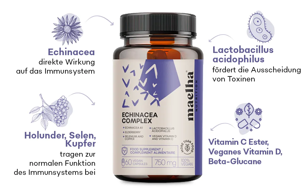 Echinacea immune complex |Echinacea beta-glucane elderberry vitamins C and D selenium copper lactobacillus acidophilus |Immune system |60 capsules |100% natural addition - echinacea compositum, echinacea immunsystem