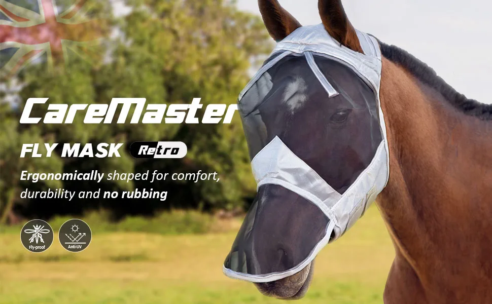 Harrison Howard CareMaster Fly Mask UV Protection without Ears with Nose Protection Silver/Black Thoroughbred (M) Cob (M) Silver/Black - product information 2