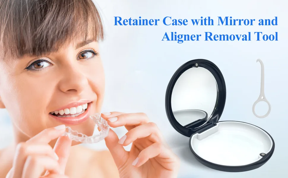 Dnom dinos black portable can tooth rail box with mirror empty orthodontic tooth stop box for the holder and mouth protection with tools for removing aligners - retainer case