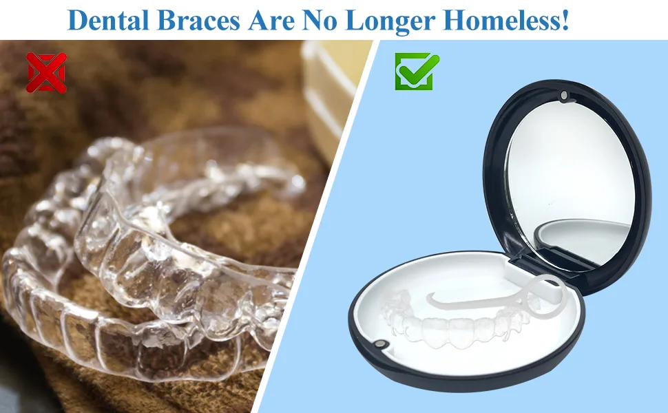 Dnom dinos black portable can tooth rail box with mirror empty orthodontic tooth stop box for the holder and mouth protection with tools for removing aligners - zahnspangendose schwarz