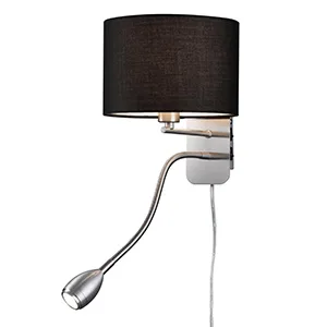 Lightling modern wall lamp in nickel matt with adjustable reading arm fabric screen black 1 x E14 max. 40W 20 cm height: 23.5 cm wall light black - lightling modern