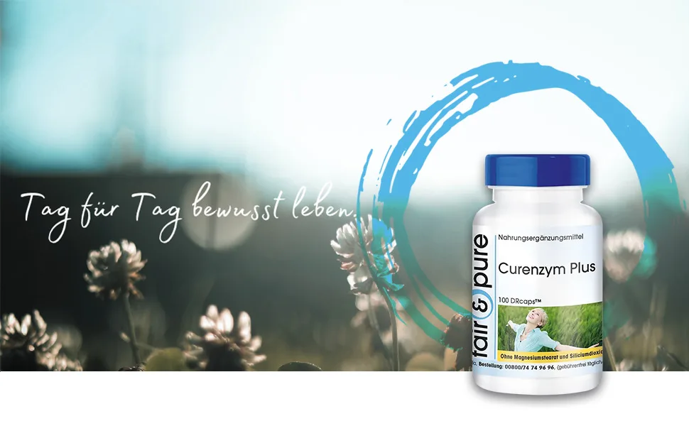 Fair & Pure - Curenzyme Plus - Enzyme complex with a time delayed release - without magnesium stearate - 100 drcaps - contains Bromelain - Trypsin - Chymotrypsin and Rutoside (rutin) - Titel