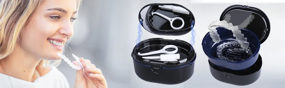 Prosthesis dose denture box with filter prostheses for storage and immersion dentures cleaning baths braces box prosthesis dinner denture dental box (black) - product information 2