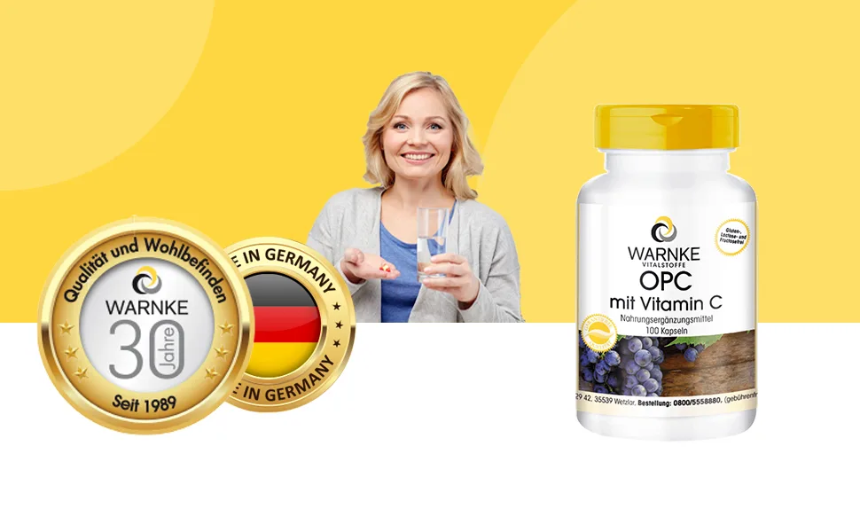 OPC grape shell extract - 200mg vitamin C + 60mg OPC per daily dose - vegan - 100 capsules |Warnke vital substances - German pharmacy quality - Über 200 Produkte