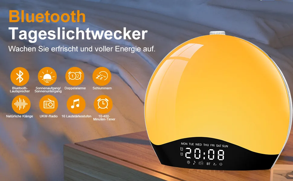 Bluetooth daylight alarm clock wake up light alarm clock with light sunrise sunset simulation bluetooth speaker 22 natural noises 20 brightness bedside lamp for children warm - tageslichtwecker