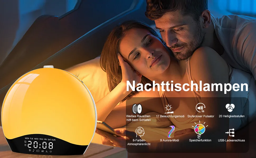 Bluetooth daylight alarm clock wake up light alarm clock with light sunrise sunset simulation bluetooth speaker 22 natural noises 20 brightness bedside lamp for children warm - wake up light