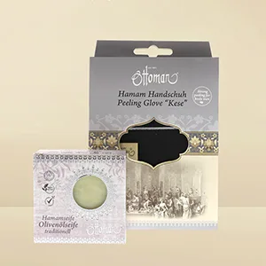 OUDIEN traditional peeling glove including Hamam soap 200 gr Kese Hamam glove with rough structure for soft smooth skin - product information 5