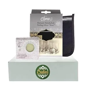 OUDIEN traditional peeling glove including Hamam soap 200 gr Kese Hamam glove with rough structure for soft smooth skin - Produkt
