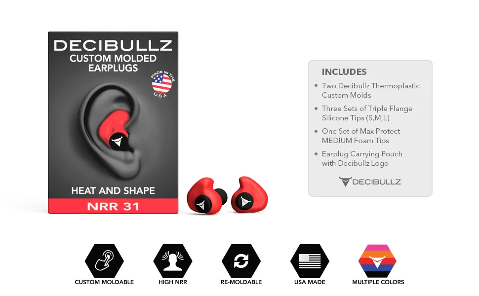 Decibullz - tailor -made earplugs 31 dB highest NRR comfortable hearing protection for shooting traveling swimming work and concerts red - Decibullz Ohrenstöpsel, speziell geformt, Rot