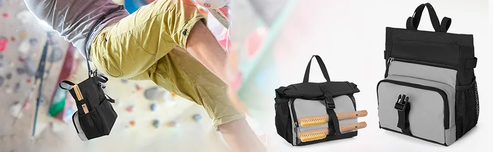 PGMOON CHALLK BAG for beginners and advanced large magnesia bag for climbing and bouldering with aluminum foils feed magnetic lock several pockets 2 brush holders (patent design) - product information 1