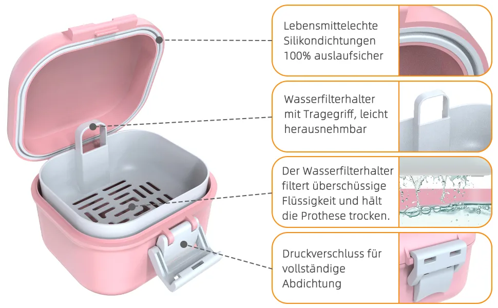 Argomax leak -proof prosthesis box sustainable dentistry dose denture box with sieve for dentures and braces (pink + white). - Auslaufsicher Prothese Box