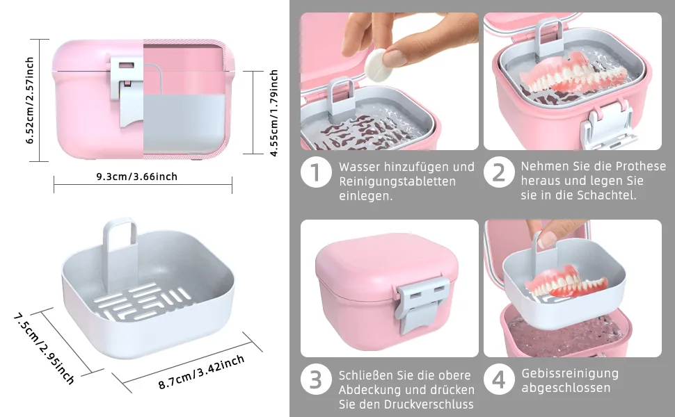 Argomax leak -proof prosthesis box sustainable dentistry dose denture box with sieve for dentures and braces (pink + white). - Auslaufsicher Prothese Box
