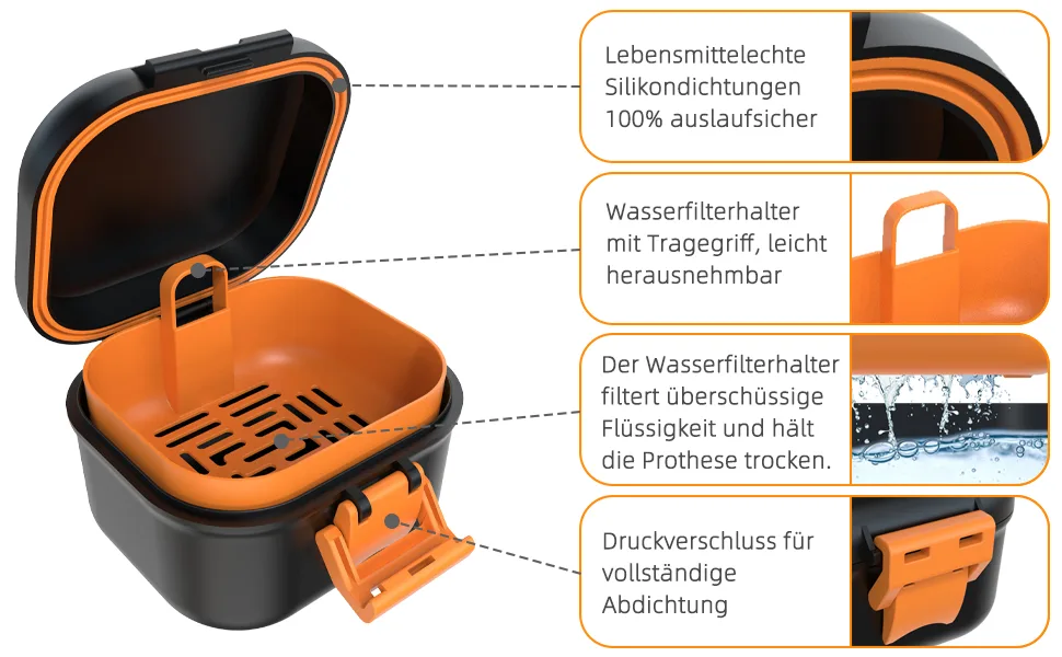 Argomax leak -proof prosthesis box sustainable draft denture dose denture box with sieve for dentures and braces (black + orange). - Auslaufsicher Prothese Box