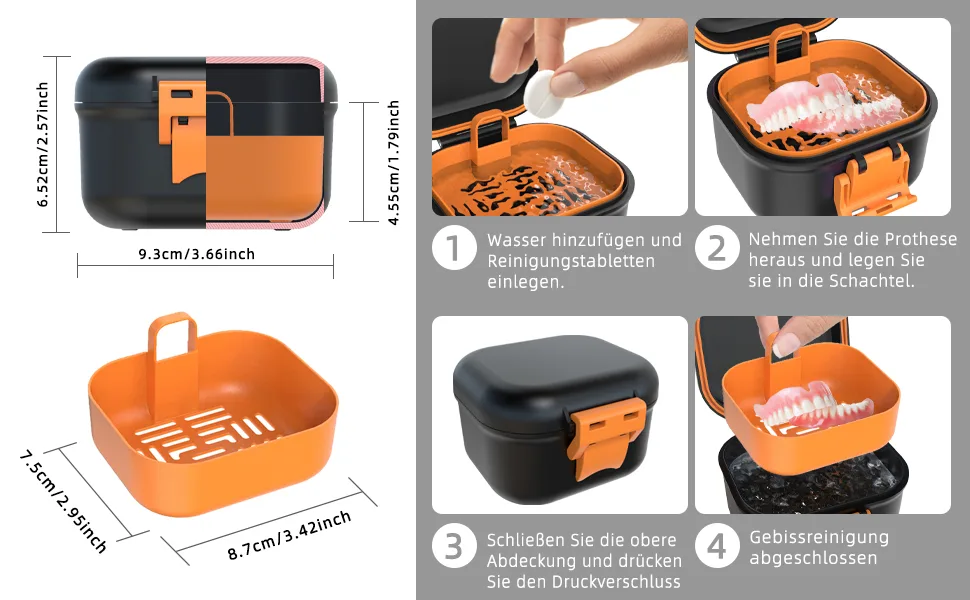 Argomax leak -proof prosthesis box sustainable draft denture dose denture box with sieve for dentures and braces (black + orange). - Auslaufsicher Prothese Box