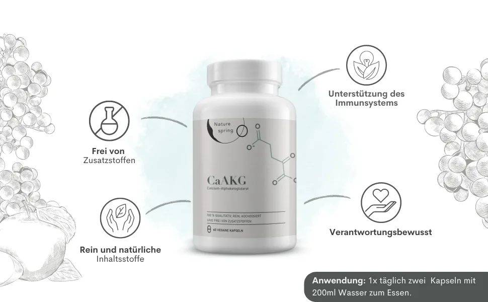 Nature Spring Caakg |Calcium alphaketoglutarate |Laboratory test in DE |60 capsules |High dose |1000 mg |CAAKG in the best quality without additives - caakg