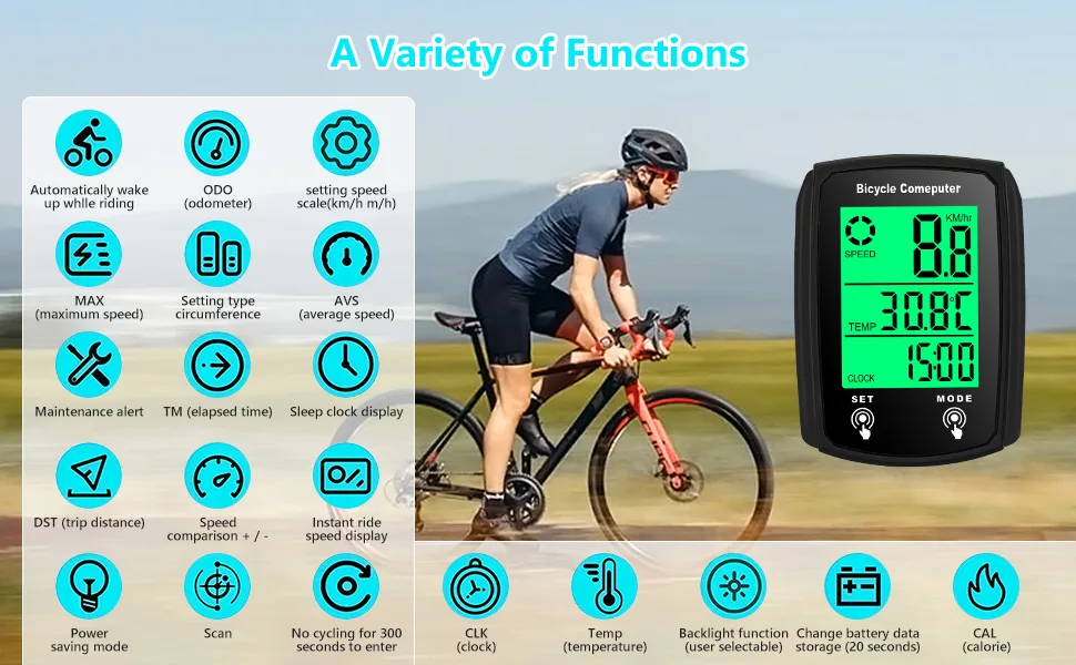 Fiotha bicycle computer digital 19 functions waterproof bicycle tacho LCD automatic wired mileage bike backlight cycling computer for cycling real time speed track - 19 Funktions Wasserdicht Fahrradtacho