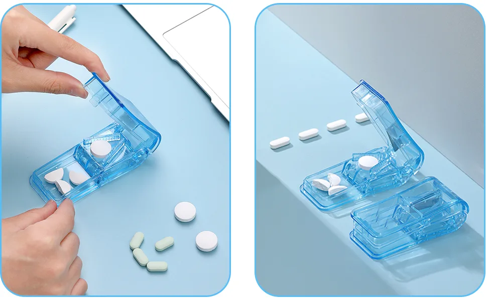 Izyfan tablet divider medication divider for small and large tablets pill divider with tablet storage compartment divides pills precisely cut into half a quarter for tablets (blue) - Tablettenteiler