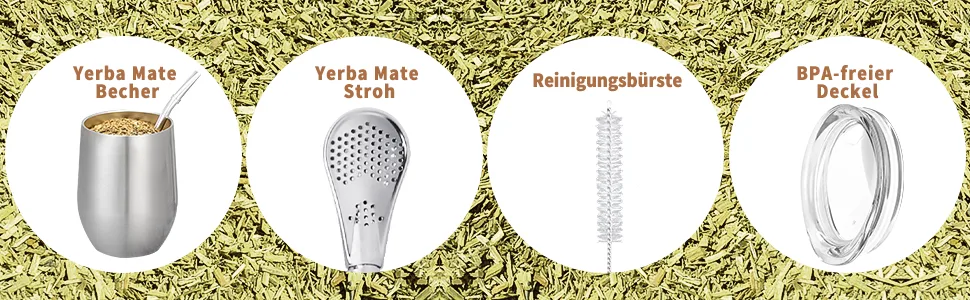 Telanks Mate Becher 340 ml Double -walled insulation Mate Tea cup 18/8 stainless steel mate MUG with Mate straw and a cleaning brush yerba mate cup (silver) - Mate Tee Tasse