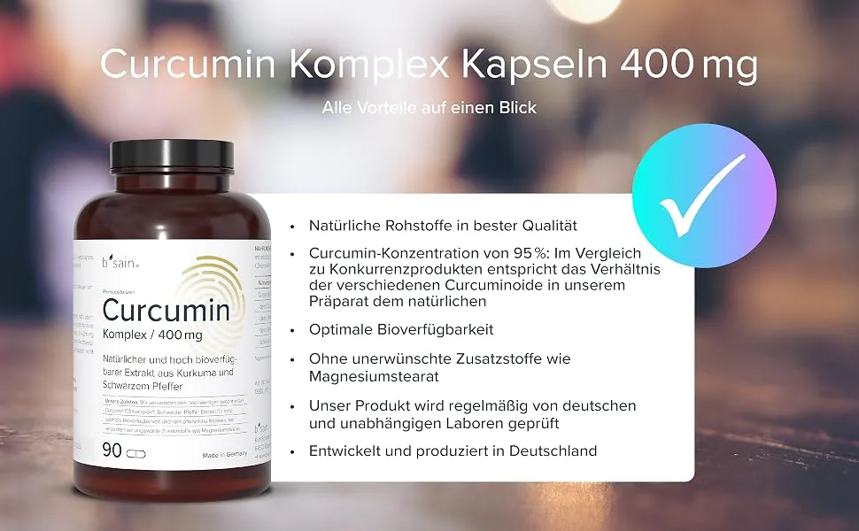 b'sain Curcumin-Triplex capsules 400 mg consisting of 389.5 mg curcuminoids. 90 vegan capsules. Premium raw materials with patent - Curcumin
