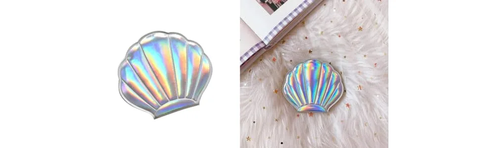 Minkissy Shell Shape Mirror Double Sides Makeup Mirror Pu Leather Compact Mirror Travel Makeup Mirror for Women Girls (Silver) - product information 6