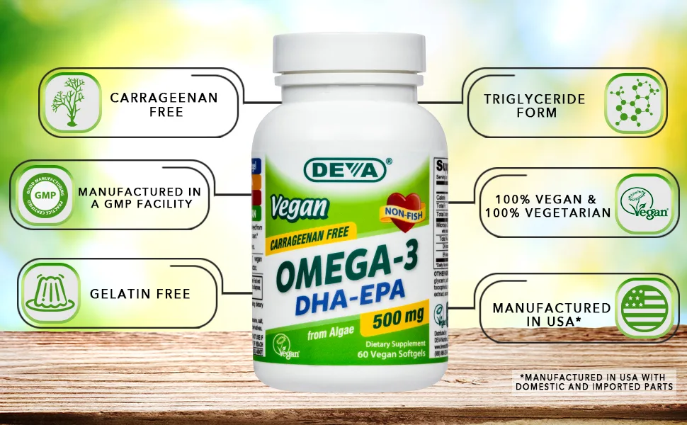 Deva Vegan Omega-3 DHA-EPA 500 mg 60 Softgels - Carrageenan FREE