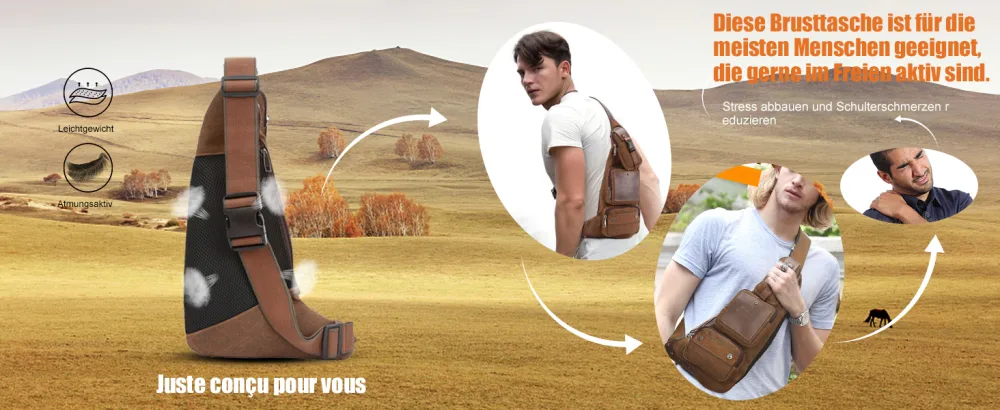 Leathario Men's PU Leather Chest Bag Shoulder Bag Crossbody Bag Casual Bag Multi-purpose Bag Brown B219 - product information 3