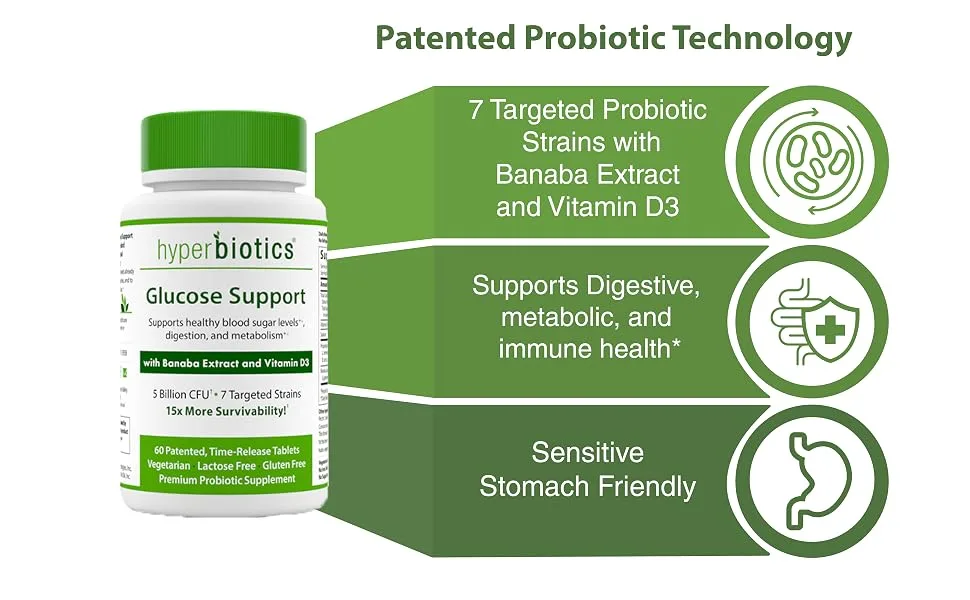 Hyperbiotics Glucose Support with Banaba Extract and Vitamin D3 5 Billion CFU 60 Time-Release Tablets - probiotic