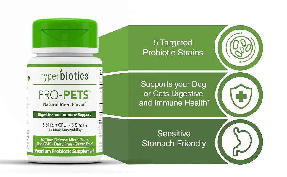 Hyperbiotics Probiotics for Dogs & Cats  3 Billion CFU 60 Patented Time-Release Micro-Pearls - Hyperbiotics Pro Pets