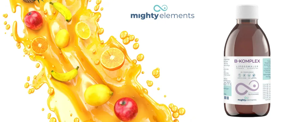 Mighty Elements Liposomal Silicon 200mg liquid great taste vegan very high bioavailability 250 ml glass bottle - B-Komplex Banner